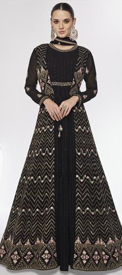 Festive, Reception, Wedding Black and Grey color Salwar Kameez in Art Silk, Georgette fabric with Anarkali Embroidered, Sequence, Thread work : 1950941