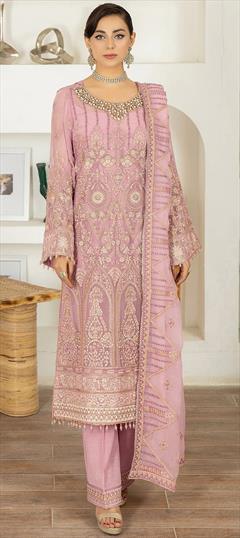 Festive, Party Wear Pink and Majenta color Salwar Kameez in Faux Georgette fabric with Pakistani, Straight Embroidered, Thread work : 1950943