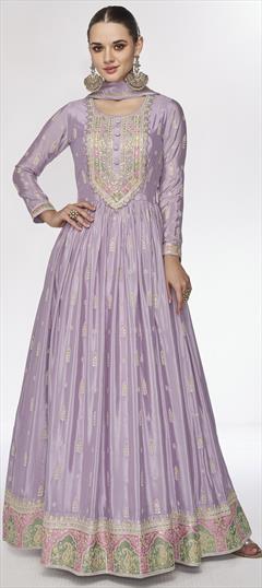 Festive, Reception, Wedding Purple and Violet color Salwar Kameez in Art Silk, Georgette fabric with Anarkali Embroidered, Resham, Sequence, Thread work : 1950945