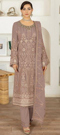 Festive, Party Wear Beige and Brown color Salwar Kameez in Faux Georgette fabric with Pakistani, Straight Embroidered, Thread work : 1950949