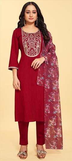 Festive, Party Wear Red and Maroon color Salwar Kameez in Silk fabric with Straight Digital Print, Embroidered work : 1950952