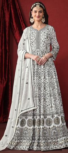 Engagement, Mehendi Sangeet, Reception White and Off White color Salwar Kameez in Faux Georgette fabric with Anarkali Embroidered, Sequence, Thread work : 1950953