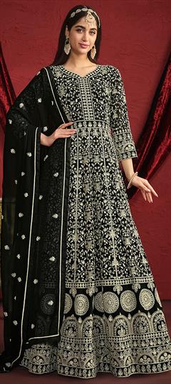 Engagement, Mehendi Sangeet, Reception Black and Grey color Salwar Kameez in Faux Georgette fabric with Anarkali Embroidered, Sequence, Thread work : 1950956
