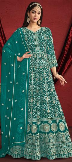 Engagement, Mehendi Sangeet, Reception Green color Salwar Kameez in Faux Georgette fabric with Anarkali Embroidered, Sequence, Thread work : 1950959