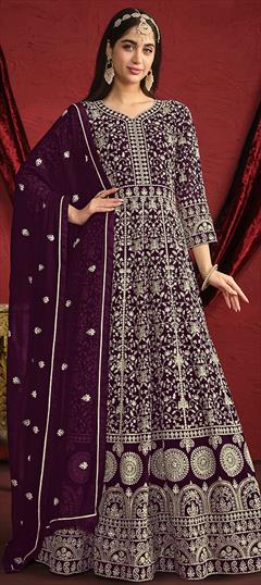 Engagement, Mehendi Sangeet, Reception Purple and Violet color Salwar Kameez in Faux Georgette fabric with Anarkali Embroidered, Sequence, Thread work : 1950960