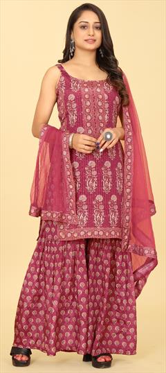 Party Wear, Reception Red and Maroon color Salwar Kameez in Viscose fabric with Sharara, Straight Digital Print, Sequence work : 1950962