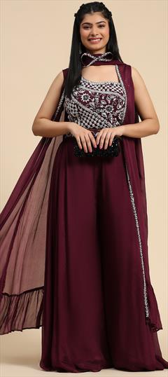 Engagement, Mehendi Sangeet, Wedding Red and Maroon color Salwar Kameez in Silk fabric with Palazzo Embroidered, Sequence work : 1950963