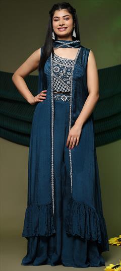 Engagement, Mehendi Sangeet, Wedding Blue color Salwar Kameez in Silk fabric with Palazzo Embroidered, Sequence work : 1950967