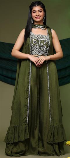 Engagement, Mehendi Sangeet, Wedding Green color Salwar Kameez in Silk fabric with Palazzo Embroidered, Sequence work : 1950972