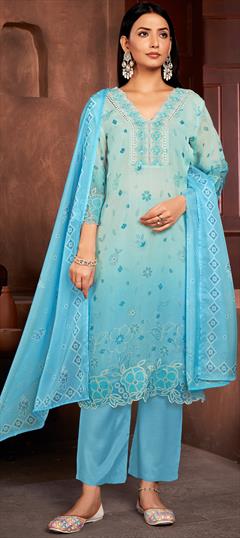Festive, Reception Blue color Salwar Kameez in Organza Silk fabric with Straight Embroidered, Resham, Sequence, Thread work : 1950977