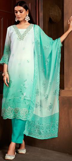Festive, Reception Green color Salwar Kameez in Organza Silk fabric with Straight Embroidered, Resham, Sequence, Thread work : 1950978