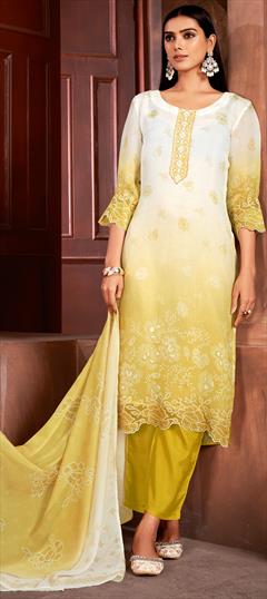 Festive, Reception Yellow color Salwar Kameez in Organza Silk fabric with Straight Embroidered, Resham, Sequence, Thread work : 1950979
