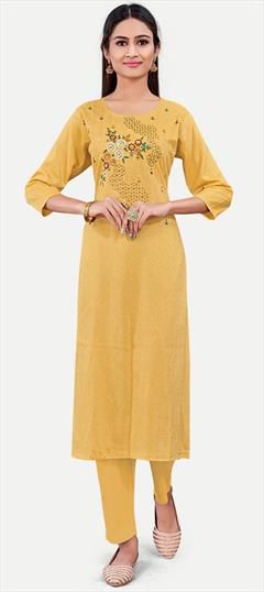 Casual Yellow color Kurti in Cotton fabric with Long Sleeve, Straight Embroidered, Thread work : 1950980
