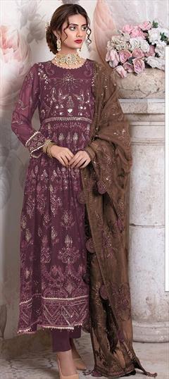 Mehendi Sangeet, Reception Pink and Majenta color Salwar Kameez in Georgette fabric with Anarkali Embroidered, Sequence, Thread work : 1950983