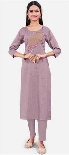 Casual Purple and Violet color Kurti in Cotton fabric with Long Sleeve, Straight Embroidered, Thread work : 1950984