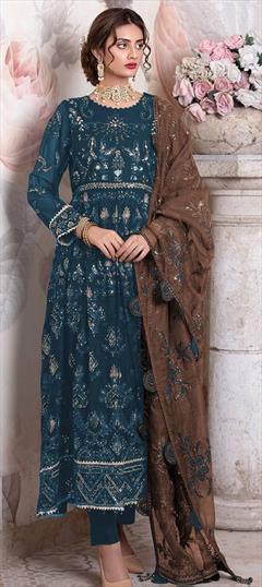 Mehendi Sangeet, Reception Blue color Salwar Kameez in Georgette fabric with Anarkali Embroidered, Sequence, Thread work : 1950985