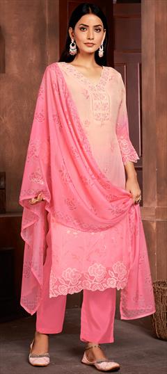 Festive, Reception Pink and Majenta color Salwar Kameez in Organza Silk fabric with Straight Embroidered, Resham, Sequence, Thread work : 1950988