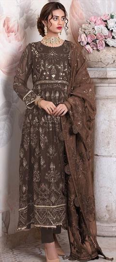 Mehendi Sangeet, Reception Beige and Brown color Salwar Kameez in Georgette fabric with Anarkali Embroidered, Sequence, Thread work : 1950989