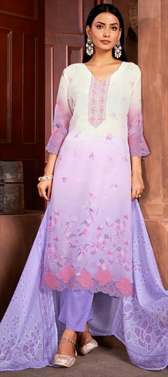 Festive, Reception Purple and Violet color Salwar Kameez in Organza Silk fabric with Straight Embroidered, Resham, Sequence, Thread work : 1950990