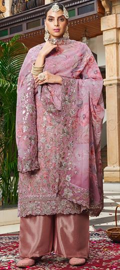 Bridal, Wedding Pink and Majenta color Salwar Kameez in Georgette fabric with Pakistani, Palazzo Embroidered, Floral, Printed, Thread, Zari work : 1950993