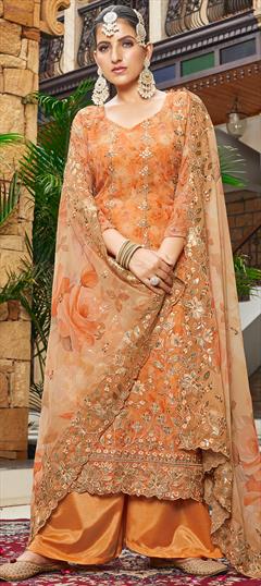 Bridal, Wedding Orange color Salwar Kameez in Georgette fabric with Pakistani, Palazzo Embroidered, Floral, Printed, Thread, Zari work : 1950998