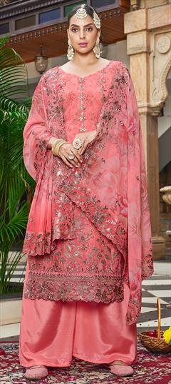 Bridal, Wedding Pink and Majenta color Salwar Kameez in Georgette fabric with Pakistani, Palazzo Embroidered, Floral, Printed, Thread, Zari work : 1950999