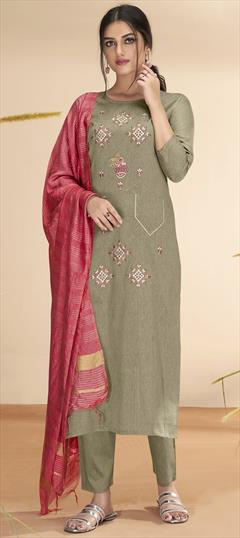 Festive, Reception Beige and Brown color Salwar Kameez in Cotton fabric with Straight Embroidered, Thread work : 1951002