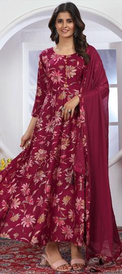 Party Wear Pink and Majenta color Gown in Chanderi Silk fabric with Anarkali Floral, Printed work : 1951003