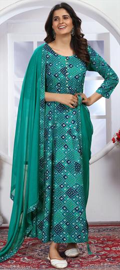 Party Wear Green color Gown in Rayon fabric with Anarkali Floral, Printed work : 1951005