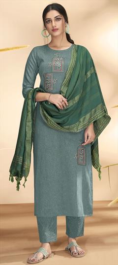 Festive, Reception Green color Salwar Kameez in Cotton fabric with Straight Embroidered, Thread work : 1951007