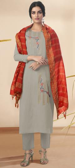Festive, Reception Black and Grey color Salwar Kameez in Cotton fabric with Straight Embroidered, Thread work : 1951013