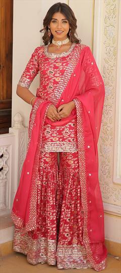Engagement, Reception, Wedding Pink and Majenta color Salwar Kameez in Jacquard fabric with Sharara, Straight Embroidered, Sequence, Weaving work : 1951016