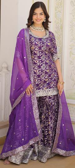 Engagement, Reception, Wedding Purple and Violet color Salwar Kameez in Jacquard fabric with Sharara, Straight Embroidered, Sequence, Weaving work : 1951018