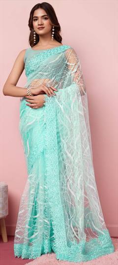 Festive, Party Wear, Reception Blue color Saree in Net fabric with Classic Embroidered, Resham, Thread work : 1951029