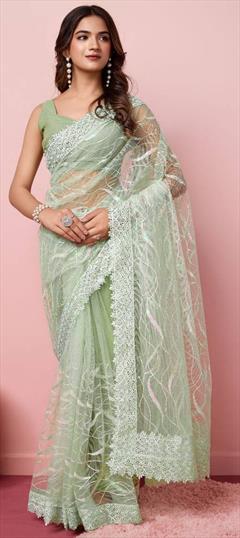 Festive, Party Wear, Reception Green color Saree in Net fabric with Classic Embroidered, Resham, Thread work : 1951030