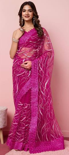 Festive, Party Wear, Reception Pink and Majenta color Saree in Net fabric with Classic Embroidered, Resham, Thread work : 1951034