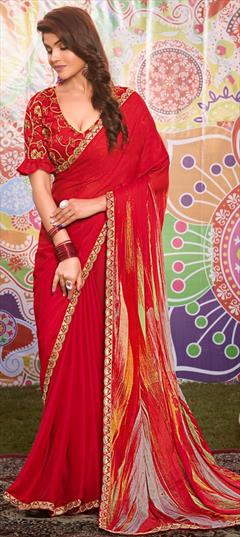 Party Wear, Reception Red and Maroon color Saree in Faux Georgette fabric with Classic Border, Printed work : 1951040