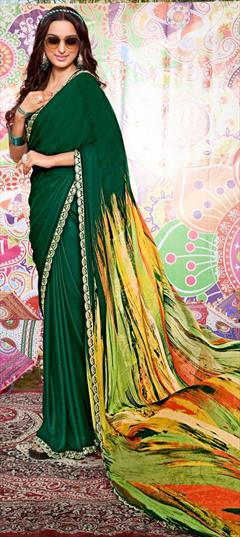 Festive, Reception Green color Saree in Faux Georgette fabric with Classic Border, Printed work : 1951046