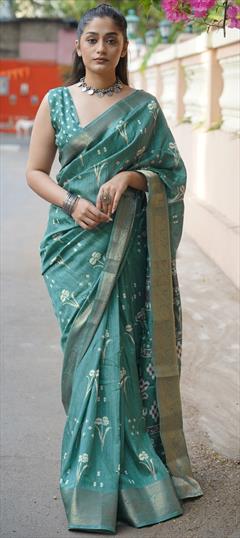 Party Wear, Traditional Blue color Saree in Blended fabric with Bengali Printed work : 1951054