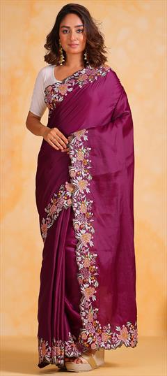 Festive, Traditional Pink and Majenta color Saree in Tussar Silk fabric with South Embroidered, Resham, Thread work : 1951058