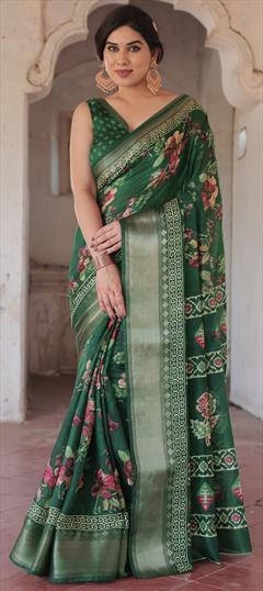 Party Wear, Traditional Green color Saree in Blended Cotton fabric with Bengali Floral work : 1951059