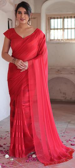 Festive, Reception Red and Maroon color Saree in Georgette fabric with Classic Thread work : 1951061