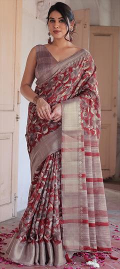 Party Wear, Traditional Red and Maroon color Saree in Blended Cotton fabric with Bengali Floral work : 1951062