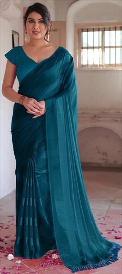 Festive, Reception Blue color Saree in Georgette fabric with Classic Thread work : 1951063