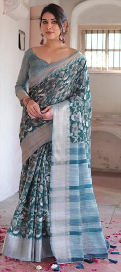 Party Wear, Traditional Blue color Saree in Blended Cotton fabric with Bengali Floral work : 1951065