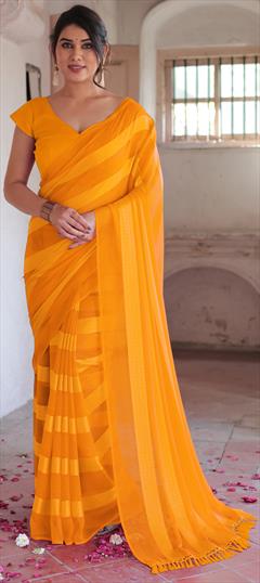Festive, Reception Yellow color Saree in Georgette fabric with Classic Thread work : 1951066