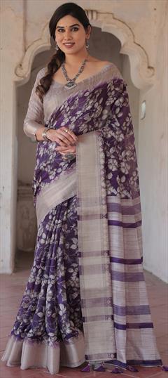 Party Wear, Traditional Purple and Violet color Saree in Blended Cotton fabric with Bengali Floral work : 1951067