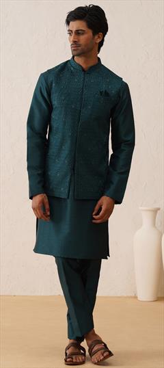 Festive, Party Wear Green color Kurta Pyjama with Jacket in Silk fabric with Embroidered, Sequence, Thread work : 1951089