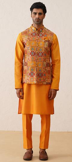 Festive, Party Wear Yellow color Kurta Pyjama with Jacket in Silk fabric with Embroidered, Sequence, Thread work : 1951098