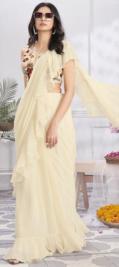 Mehendi Sangeet, Reception, Wedding White and Off White color Readymade Saree in Satin Silk fabric with Classic Cut Dana, Embroidered, Sequence work : 1951139